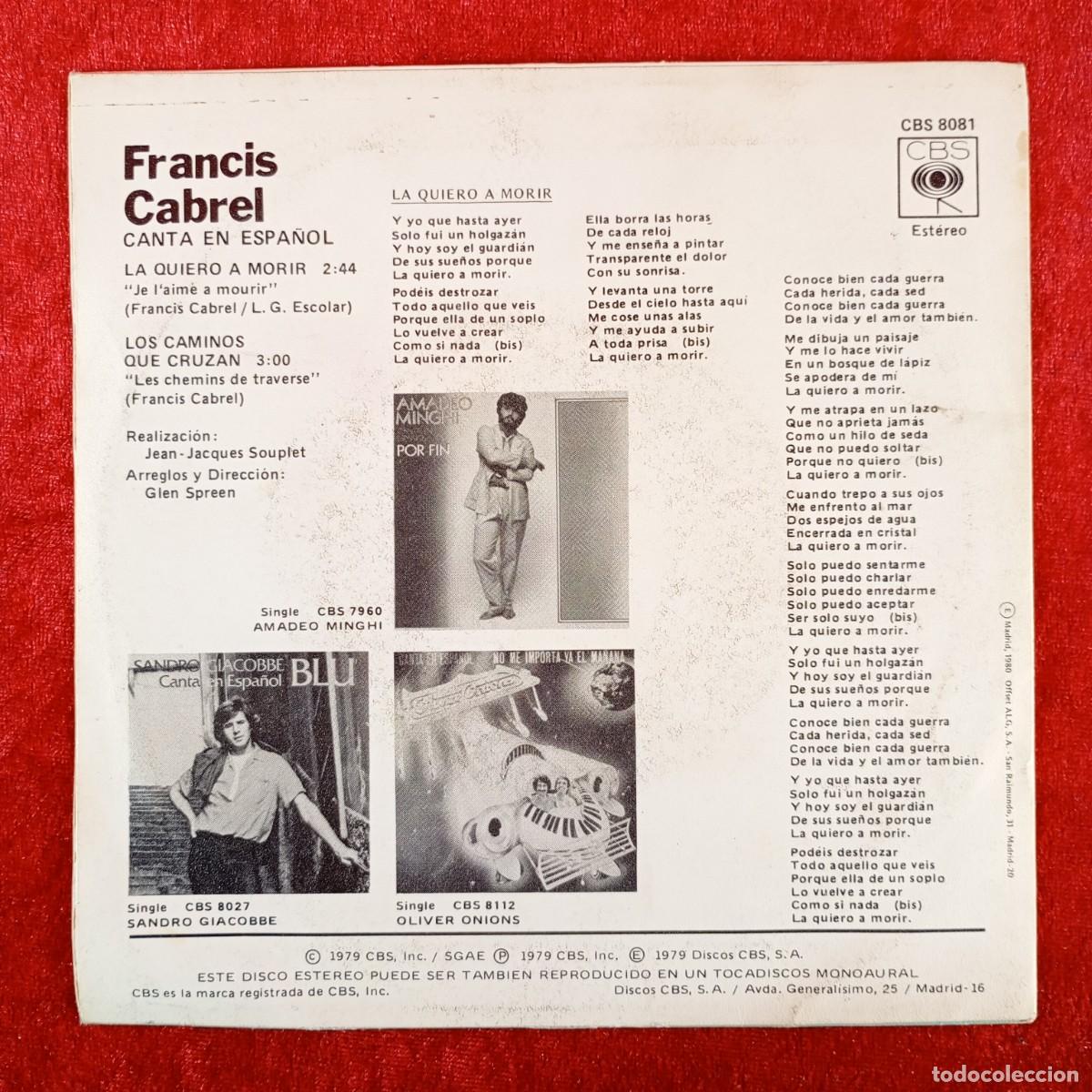 Discos de vinilo: FRANCIS CABREL - CBS 8081 - SINGLE - DISCO VINILO / 3988 - Foto 2