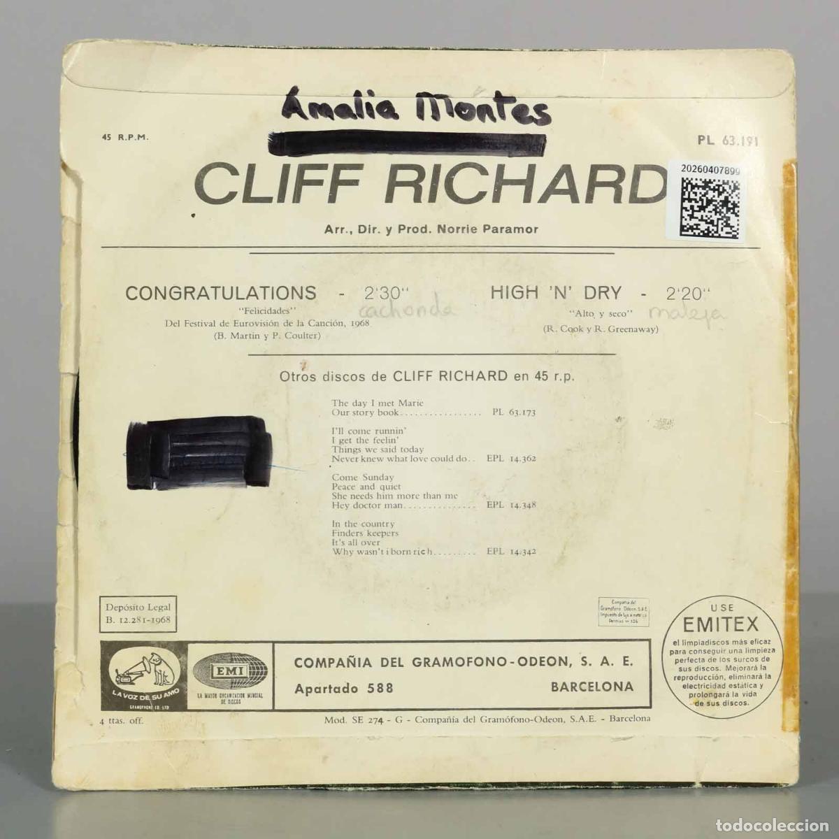 Discos de vinilo: SINGLE. Congratulations - Cliff Richard - La Voz De Su Amo - Foto 2