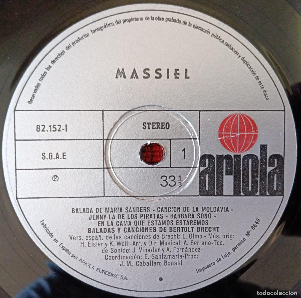 Discos de vinilo: MASSIEL ** Canciones Y Baladas De Bertolt Brecht ** VINILO LP 1972 (SIN PORTADA)