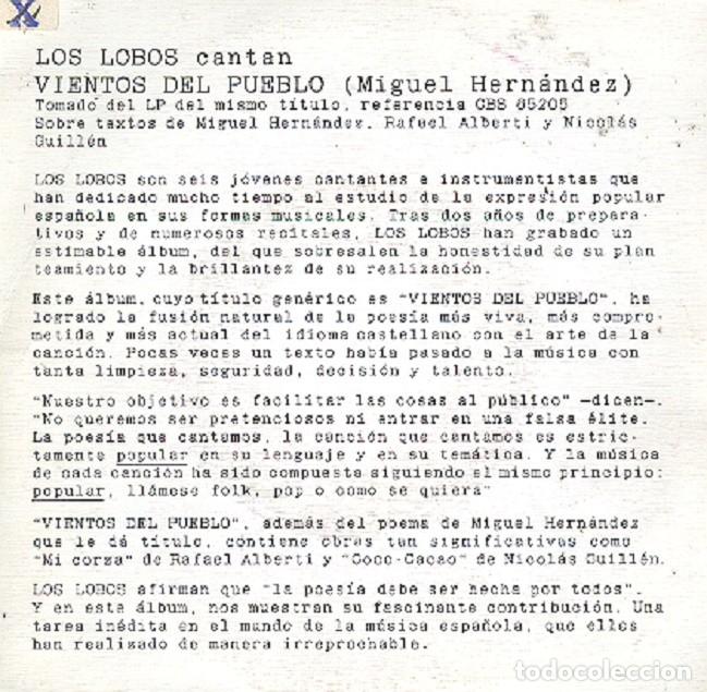Discos de vinilo: Los Lobos &ndash; Vientos del Pueblo (Un solo tema) &ndash; CBS PROMO &ndash; 1972