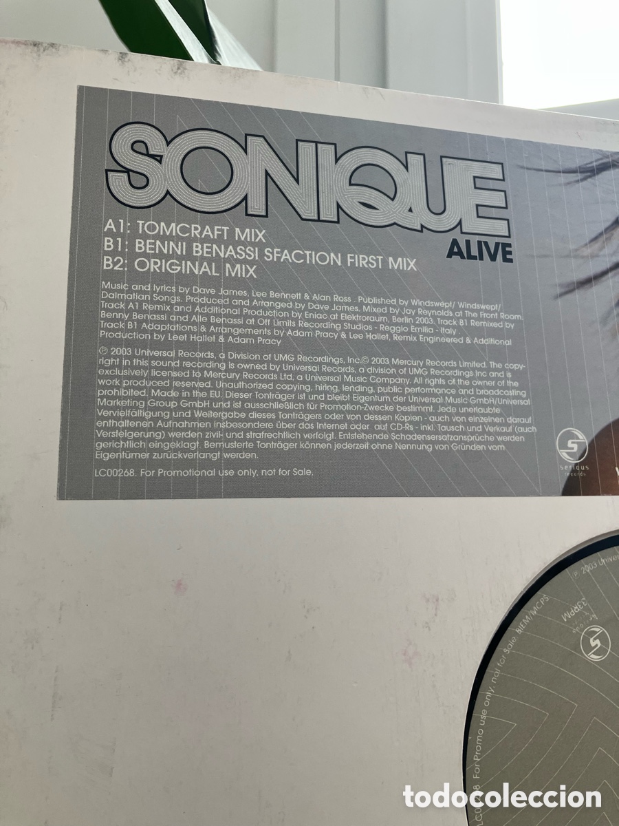 Discos de vinilo: Sonique - Alive 12&rdquo; Original + Remixes - Foto 2