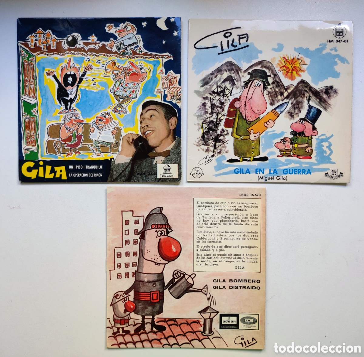 Discos de vinilo: GILA EN LA GUERRA + GILA BOMBERO + UN PISO TRANQUILO - 1958, 1959 Y 1965 HISPAVOX Y ODEON SINGLES