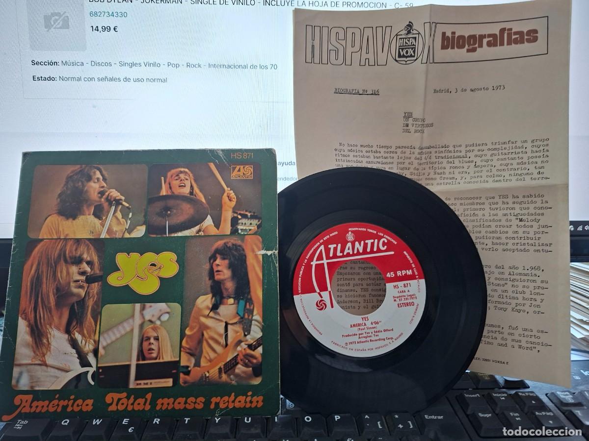 Discos de vinilo: YES - AMERICA / TOTAL MASS RETAIN - SINGLE DE VINILO - INCLUYE LAS HOJAS DE PROMOCION - C- 59