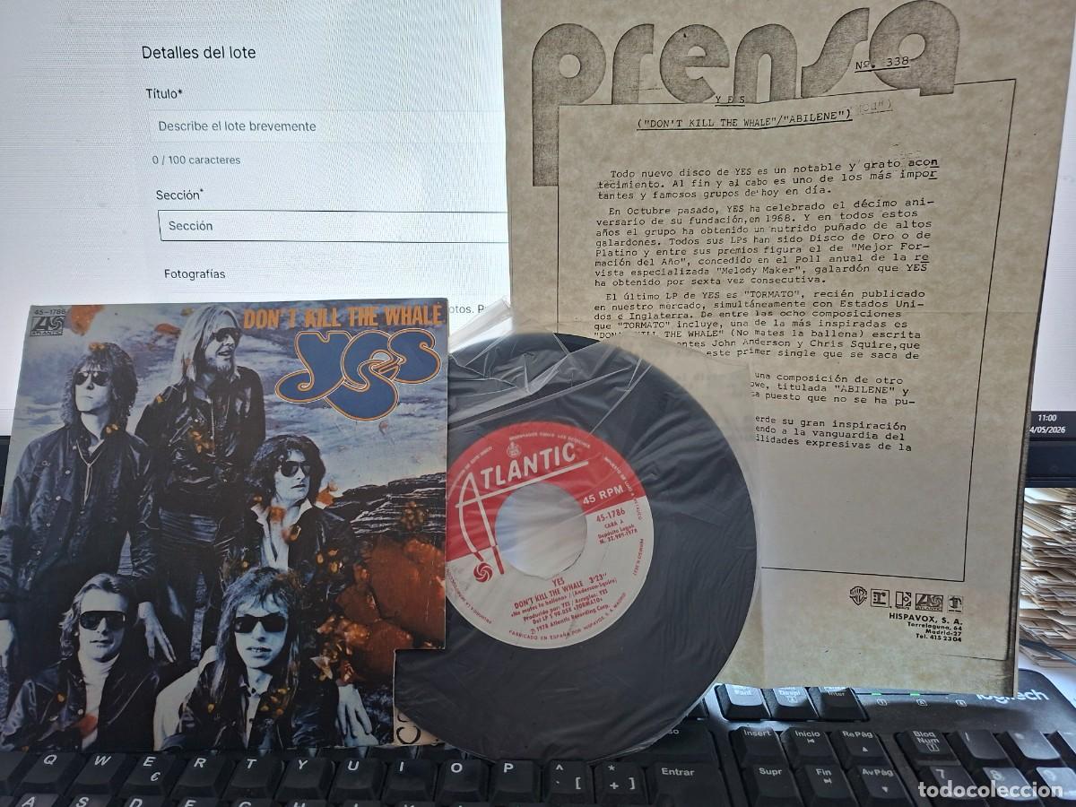 Discos de vinilo: YES - DON'T KILL THE WHALE - SINGLE DE VINILO - INCLUYE LA HOJA DE PROMOCION - C- 59