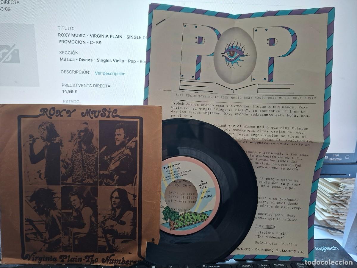 Discos de vinilo: ROXY MUSIC - VIRGINIA PLAIN - SINGLE DE VINILO - INCLUYE LAS HOJAS DE PROMOCION - C- 59
