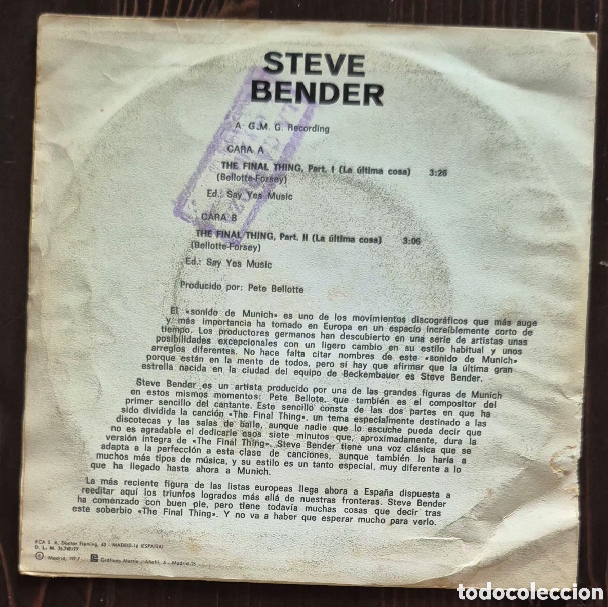 Discos de vinilo: SINGLE - STEVE BENDER - THE FINAL THING - 1977 ESPA&Ntilde;A - Foto 2