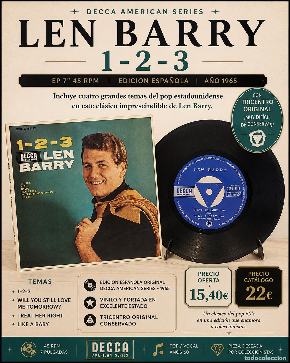 Discos de vinilo: LEN BARRY | 1-2-3 + 3 | EP-DECCA-1965 / MBC. *** TRICENTRO