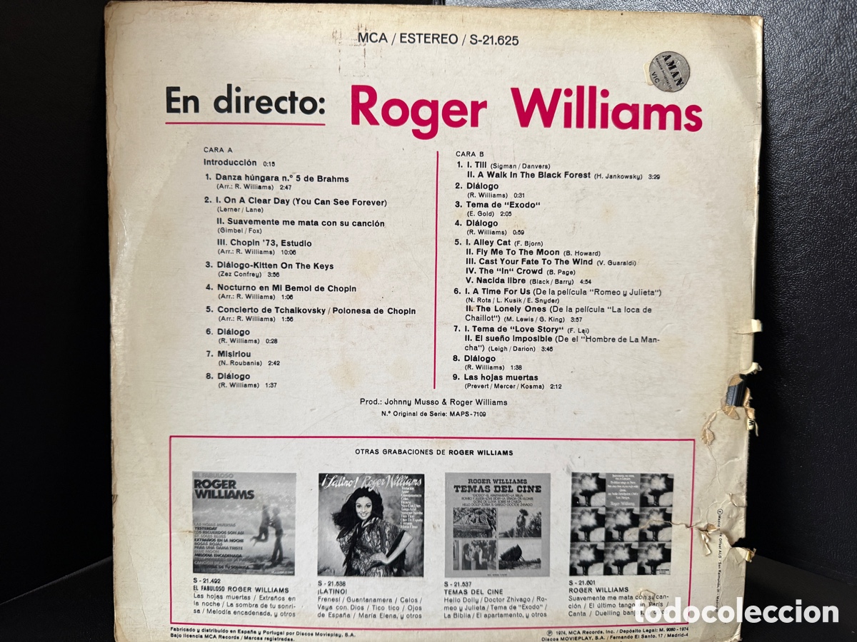 Discos de vinilo: Vinil Roger Williams &ndash; &ldquo;En Directo&rdquo; - Foto 2