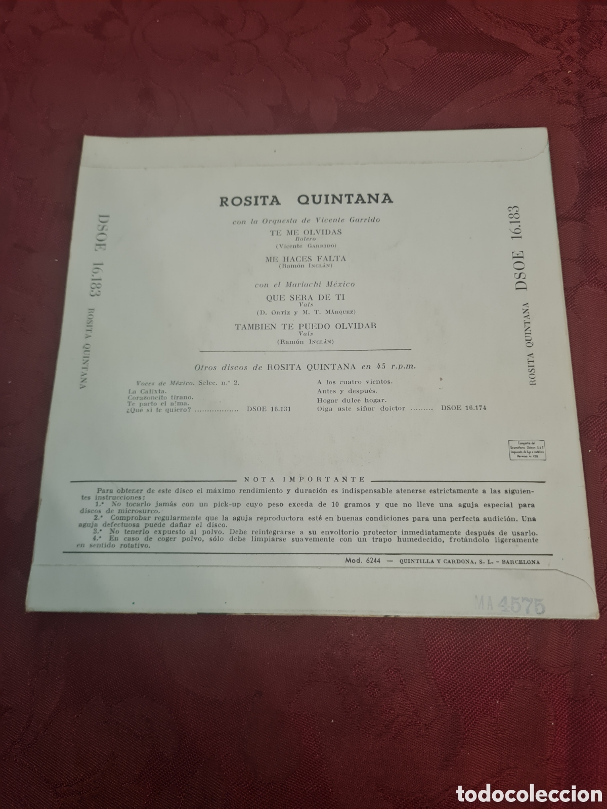 Discos de vinilo: Singels Rosita Quintana a&ntilde;os60 - Foto 2