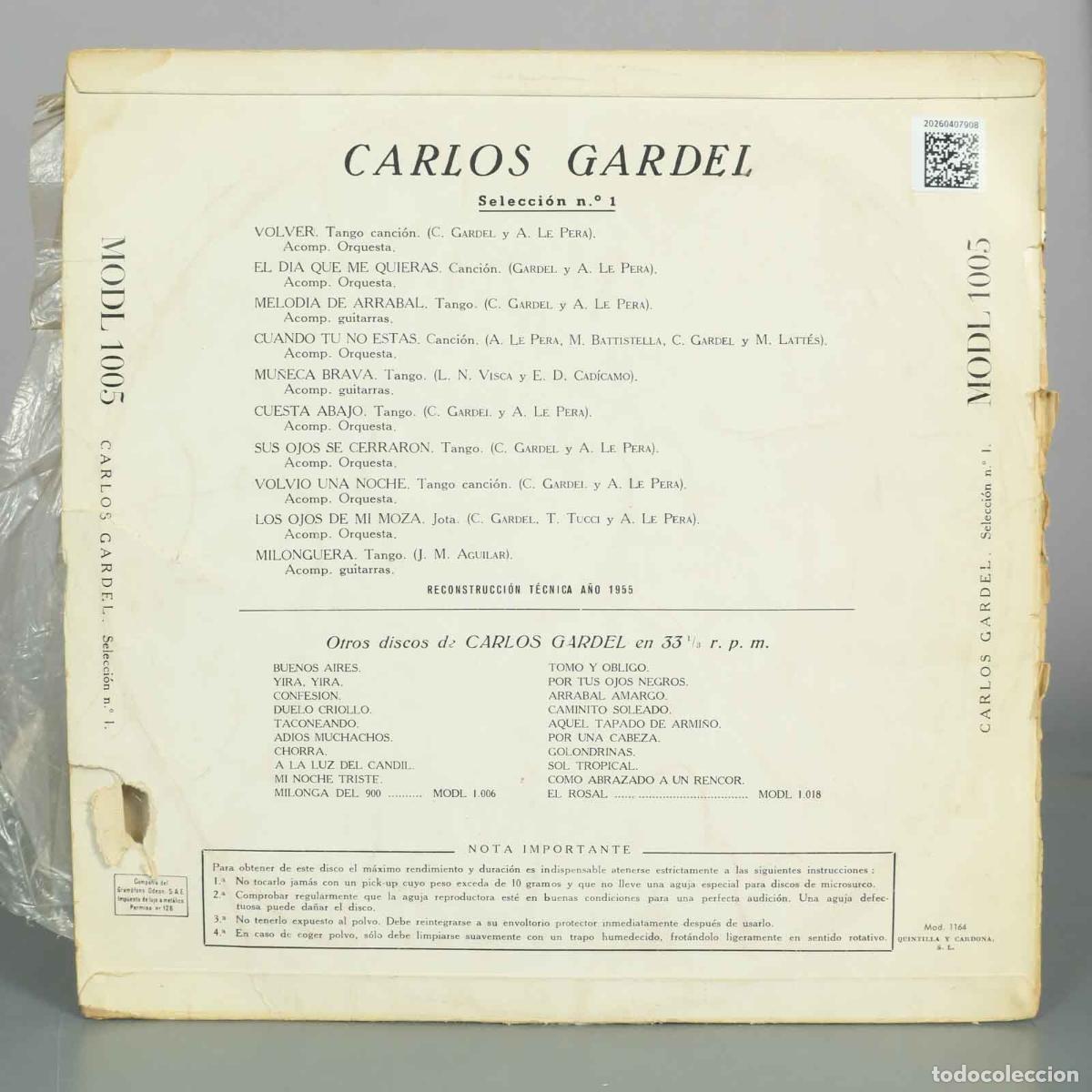 Discos de vinilo: LP. Carlos Gardel - Odeon Selecci&oacute;n n. 1 - Foto 2