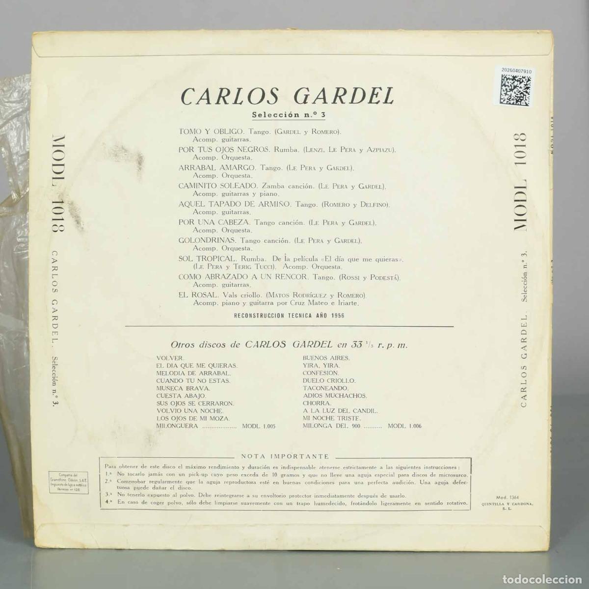Discos de vinilo: LP. Carlos Gardel - Odeon Selecci&oacute;n n. 3 - Foto 2