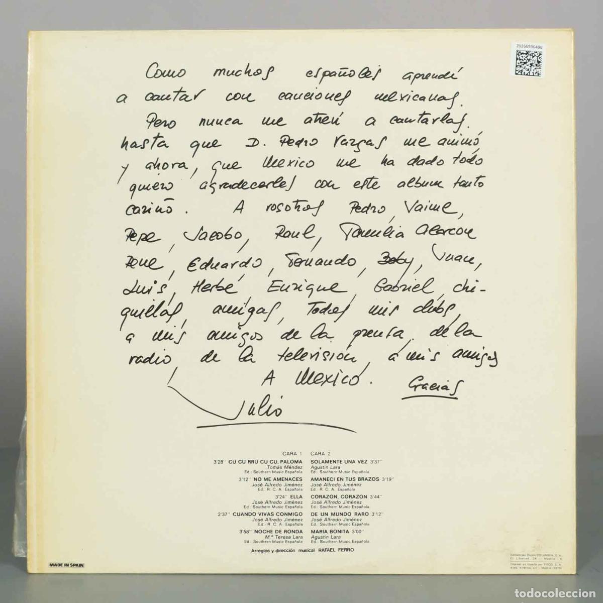 Discos de vinilo: LP. A M&eacute;xico - Julio Iglesias - Foto 2