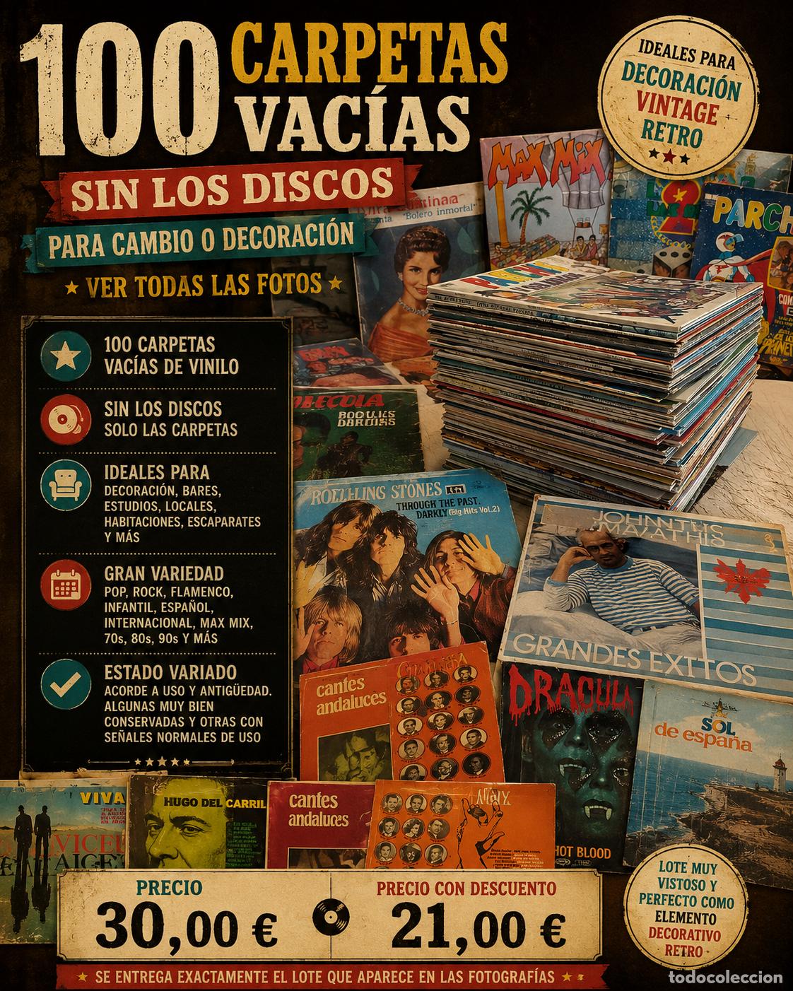Discos de vinilo: LOTE 100 CARPETAS VAC&Iacute;AS VINILO | SIN DISCOS | DECORACI&Oacute;N RETRO VINTAGE
