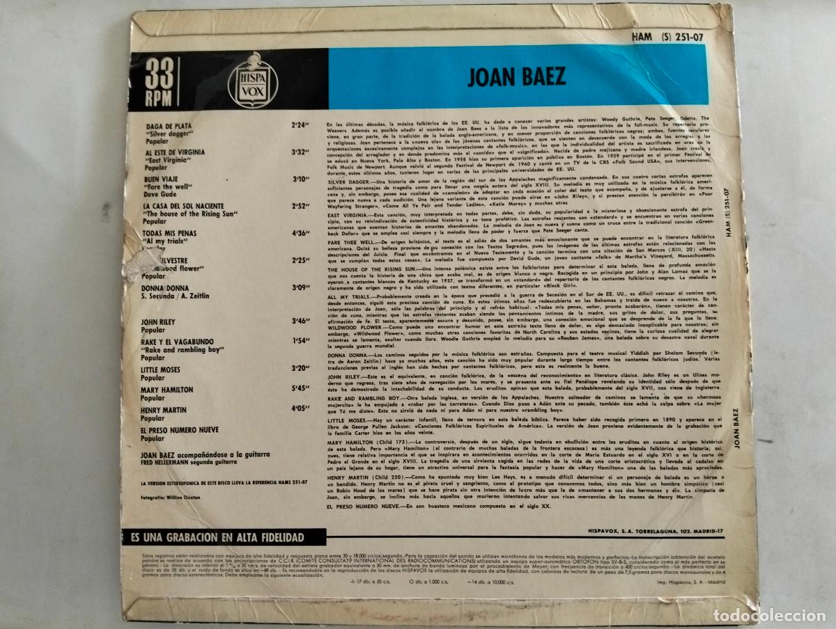 Discos de vinilo: JOAN BAEZ, DISCO LP, EDITADO HISPAVOX, A&Ntilde;O 1967 - Foto 2