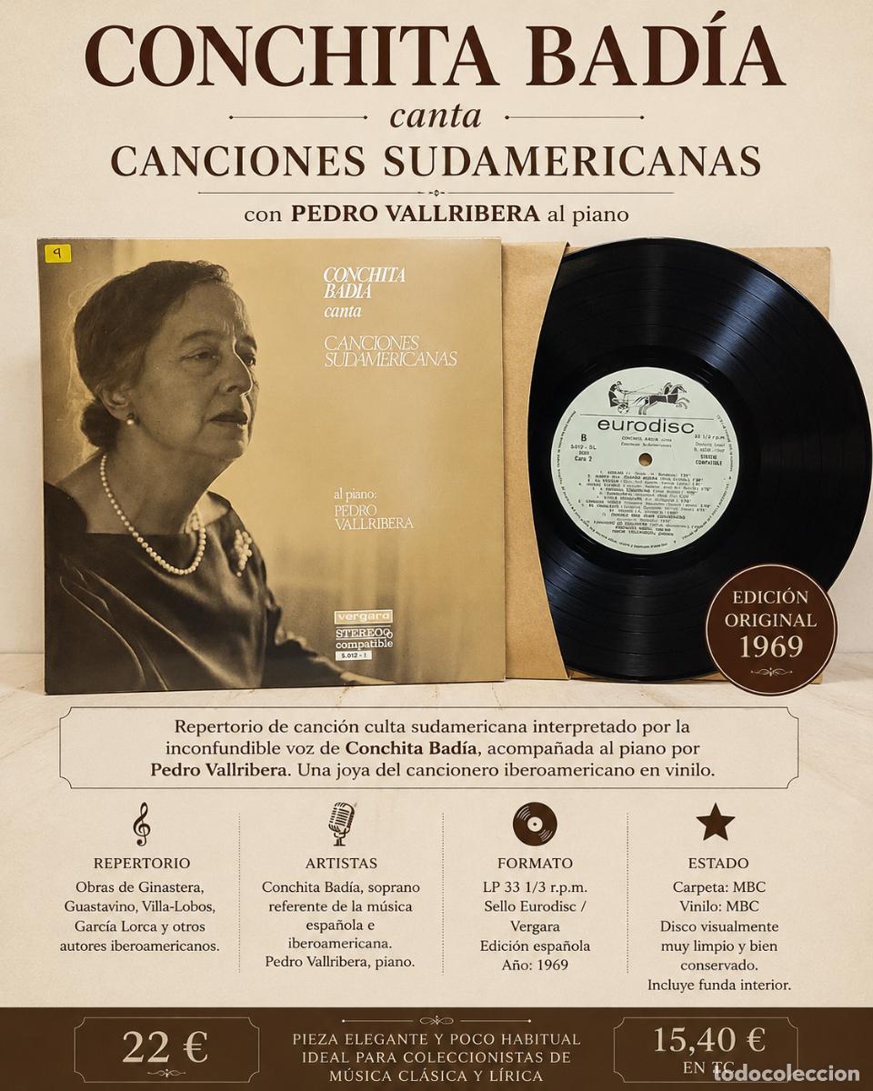 Discos de vinilo: CONCHITA BAD&Iacute;A | CANCIONES SUDAMERICANAS | LP EURODISC 1969 | MBC ***
