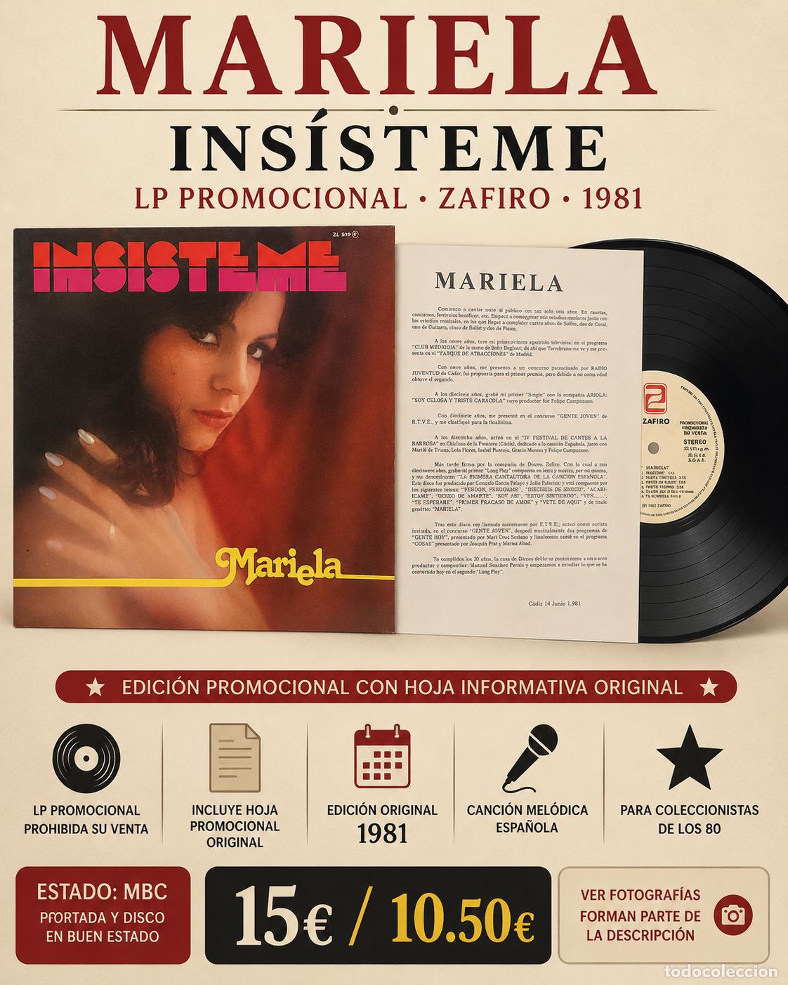 Discos de vinilo: MARIELA | INS&Iacute;STEME | LP PROMOCIONAL ZAFIRO 1981 | HOJA PROMOCIONAL ORIGINAL | MBC ***