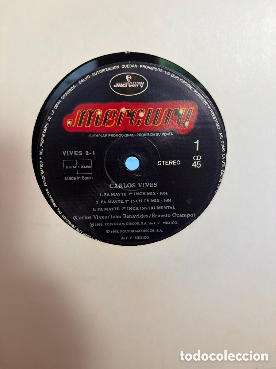 Discos de vinilo: CARLOS VIVES - PA MAYTE MAXI SINGLE SIN PORTADA PROMO RARO