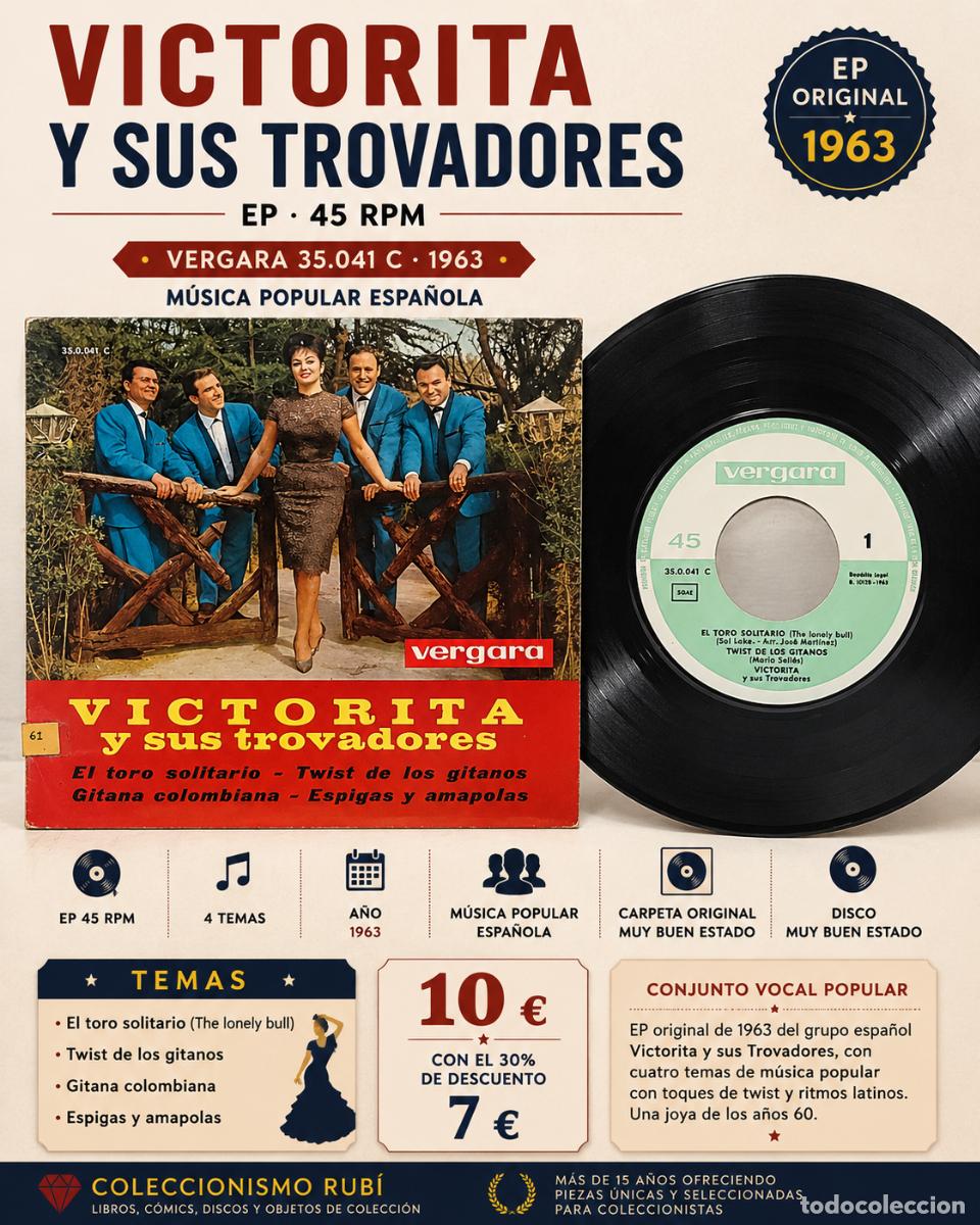 Discos de vinilo: VICTORITA Y SUS TROVADORES | EL TORO SOLITARIO +3 | EP VERGARA 1963 | MBC. ***