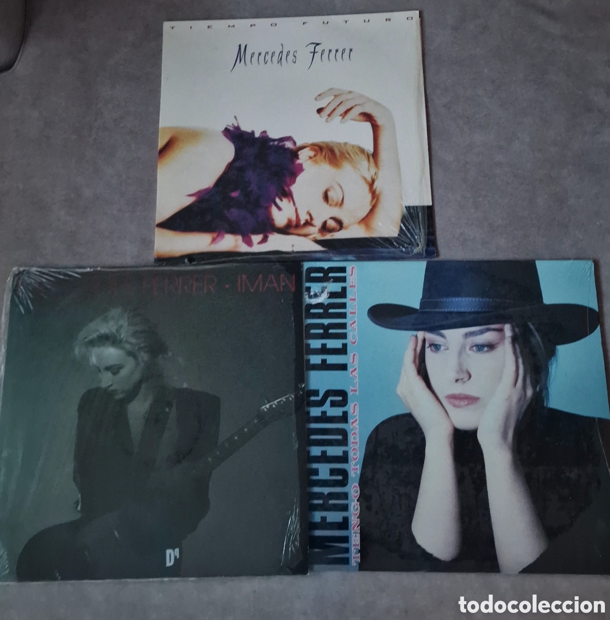 Discos de vinilo: 3 LPs de Mercedes Ferrer: Tengo Todas las calles (1988), Im&aacute;n (1991) y Tiempo futuro (1994)
