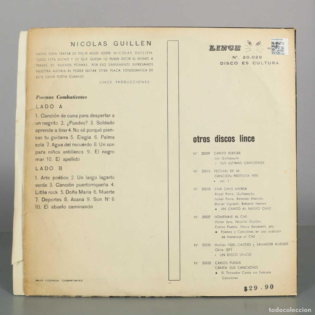 Discos de vinilo: LP. Poemas Combatientes - Nicol&aacute;s Guill&eacute;n - Foto 2
