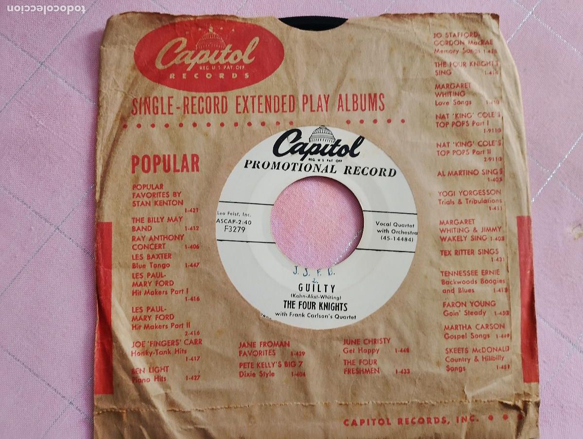 Discos de vinilo: The Four Knights With Frank Carlson's Quartet &ndash; Guilty / You, USA, promocional, 1955