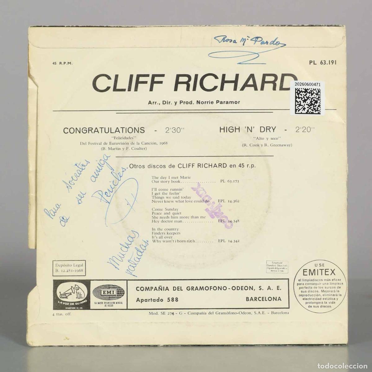 Discos de vinilo: SINGLE. Congratulations / High &acute;N&acute; Dry - Cliff Richard - Foto 2