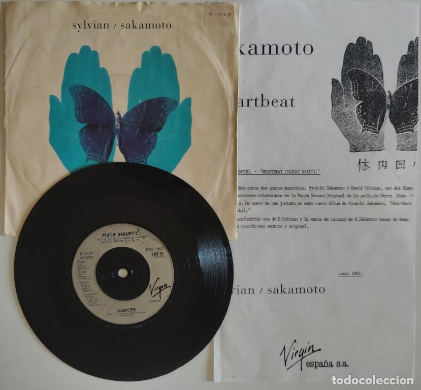 Discos de vinilo: Sylvian/ Sakamoto. Heartbeat/ Nuages. Virgin, UK 1992 single + hoja promocional