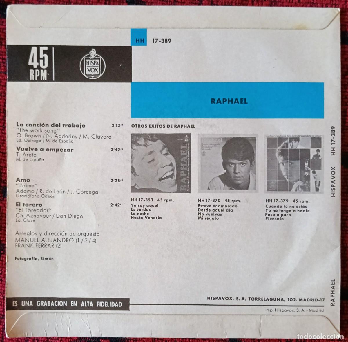Discos de vinilo: RAPHAEL ** La Cancion Del Trabajo ** SINGLE VINILO EP 1966 - Foto 2