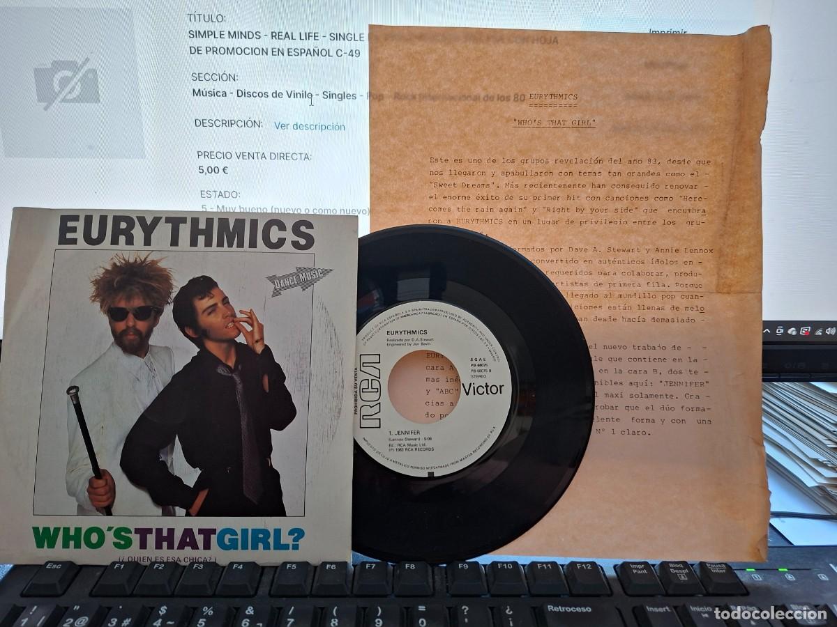 Discos de vinilo: EURYTHMICS WHO'S THAT GIRL - SINGLE DE VINILO EDICION ESPA&Ntilde;OLA PROMO HOJA DE PROMOCION C-49