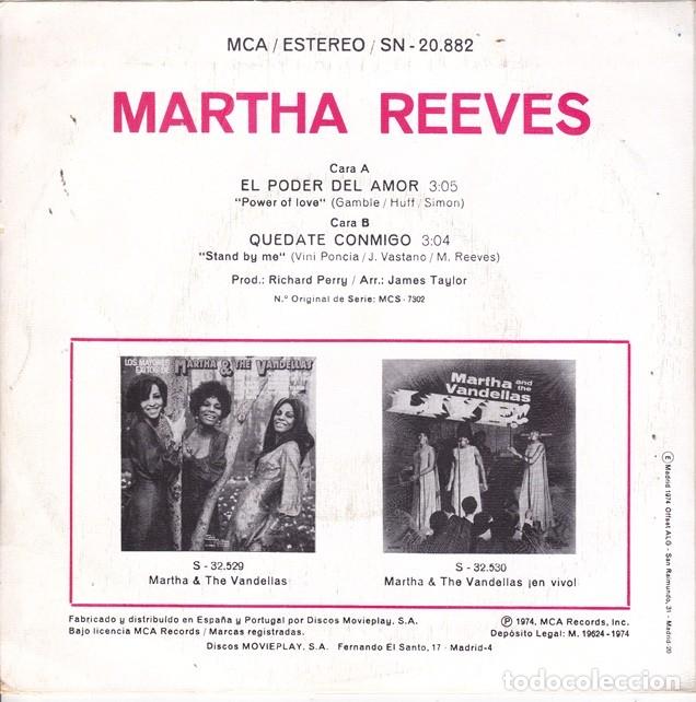 Discos de vinilo: Martha Reeves &ndash; El poder del amor; Qu&eacute;date conmigo &ndash; MCA 20.882 &ndash; 1974 - Foto 2