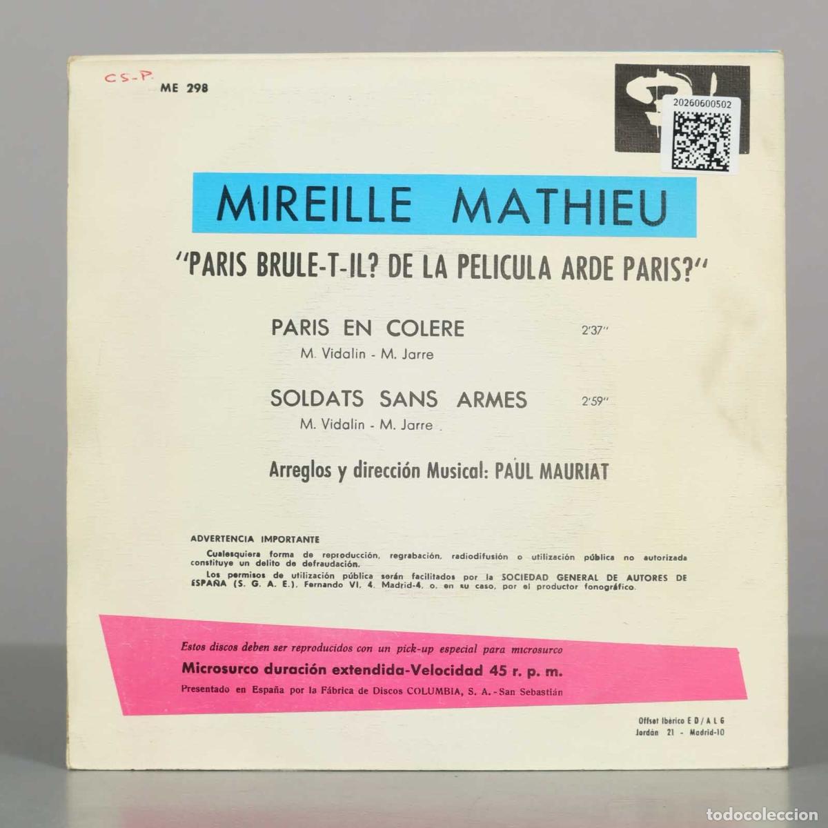 Discos de vinilo: SINGLE. MIREILLE MATHIEU PARIS BRULE-T-IL? - Foto 2