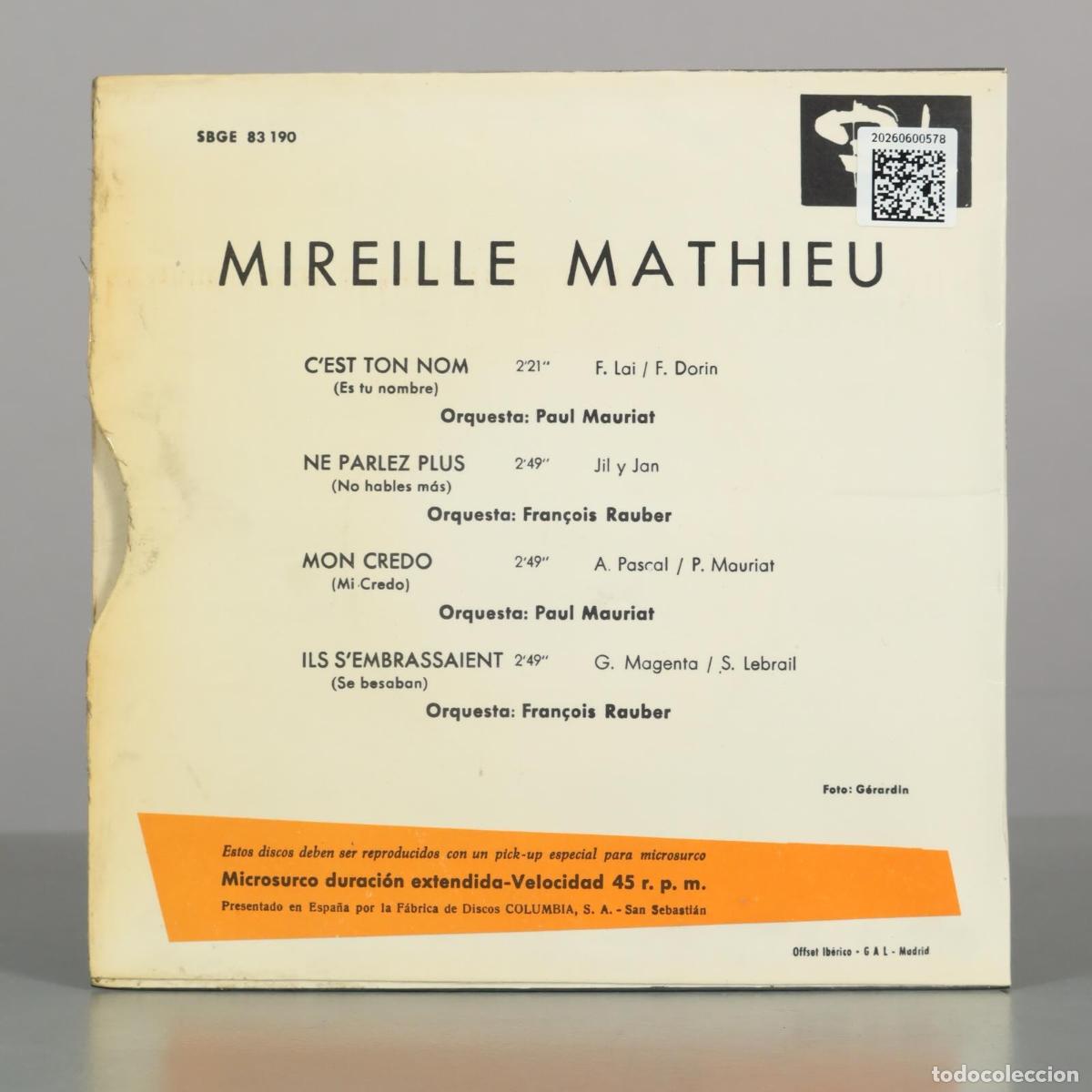 Discos de vinilo: EP. C&acute;est ton nom / Ne parlez plus / Mon credo / Ils s&acute;embrassaient - Mireille Mathieu - Foto 2