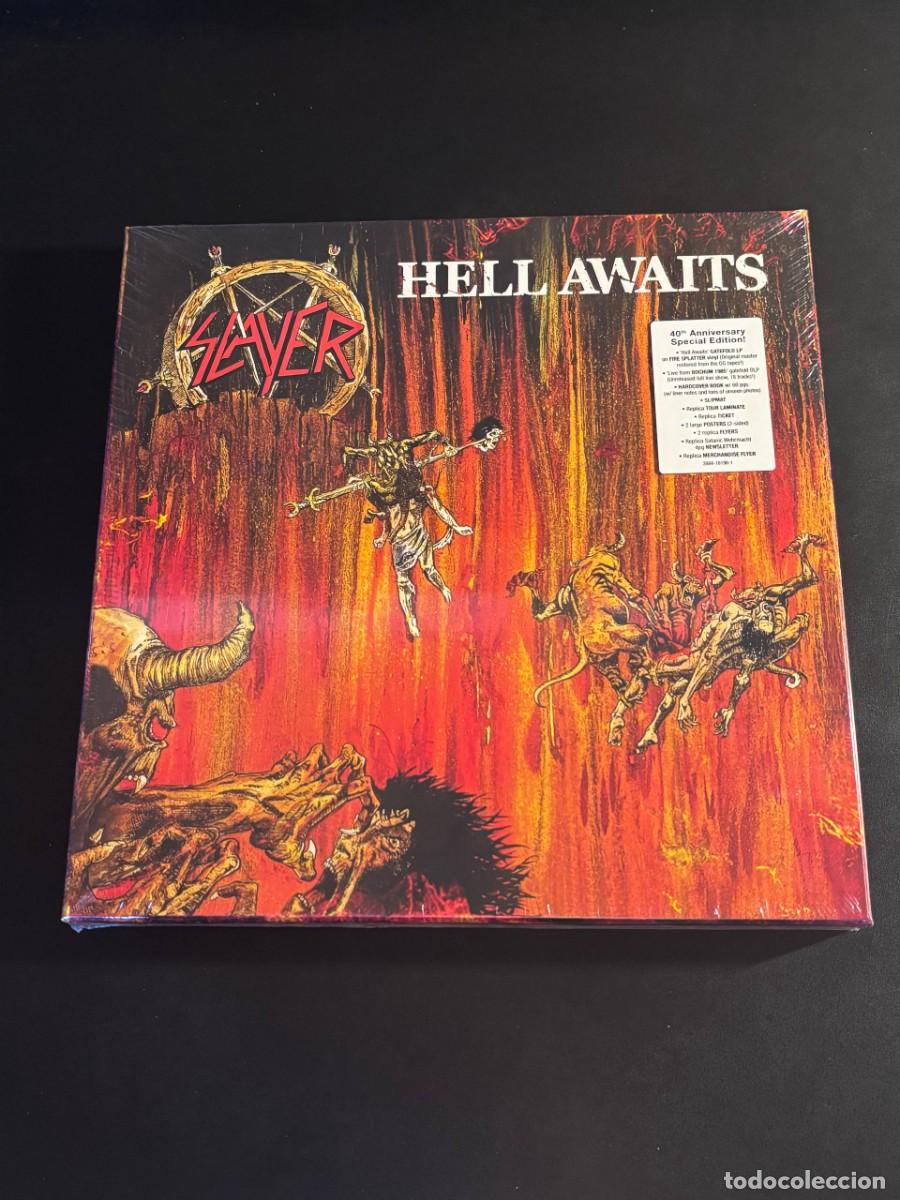 Discos de vinilo: Slayer Hell Awaits Caja de vinilos 40 aniversario LP coloreado+Libro+poster+flyers+slipmat