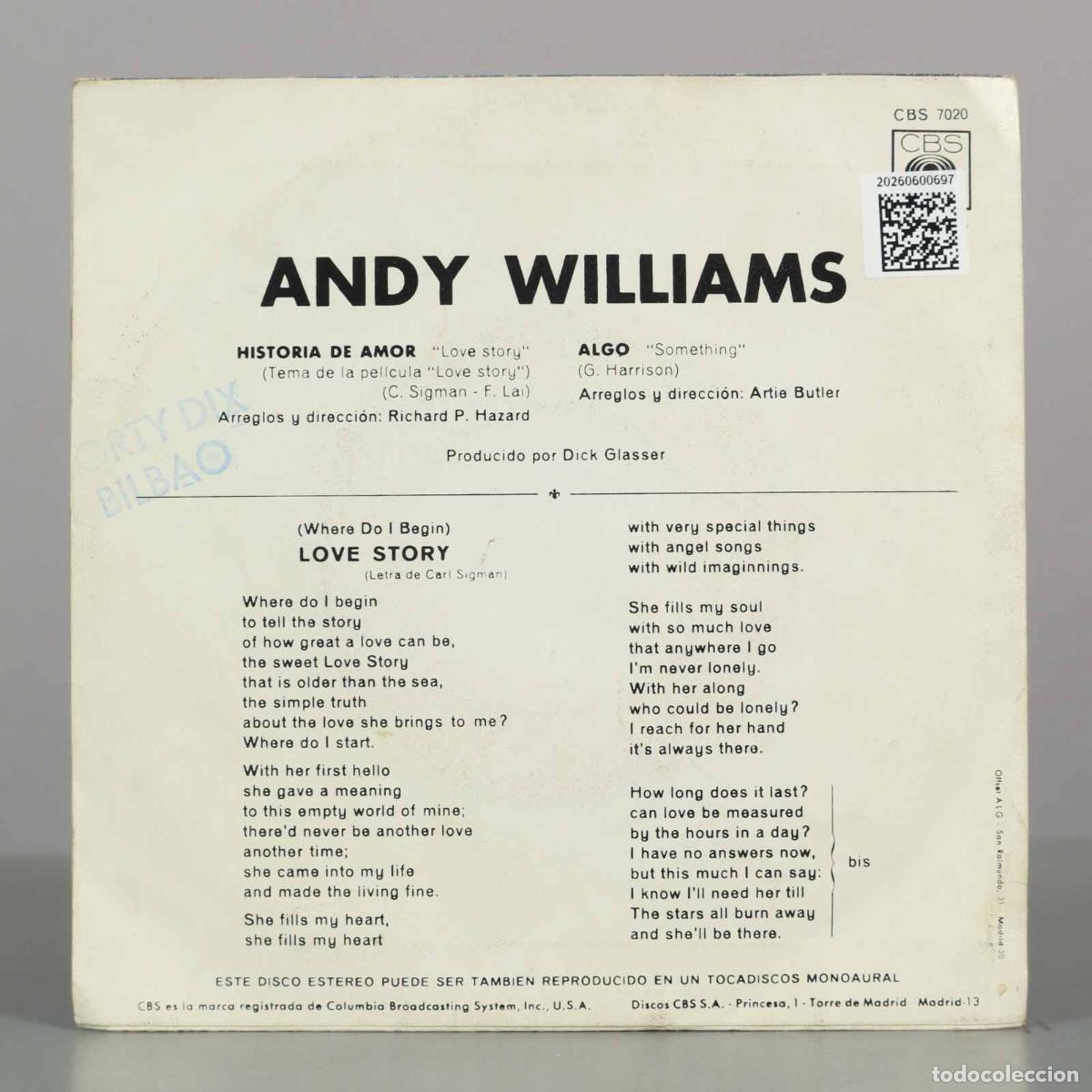 Discos de vinilo: SINGLE. Love Story / Something - Andy Williams - Foto 2