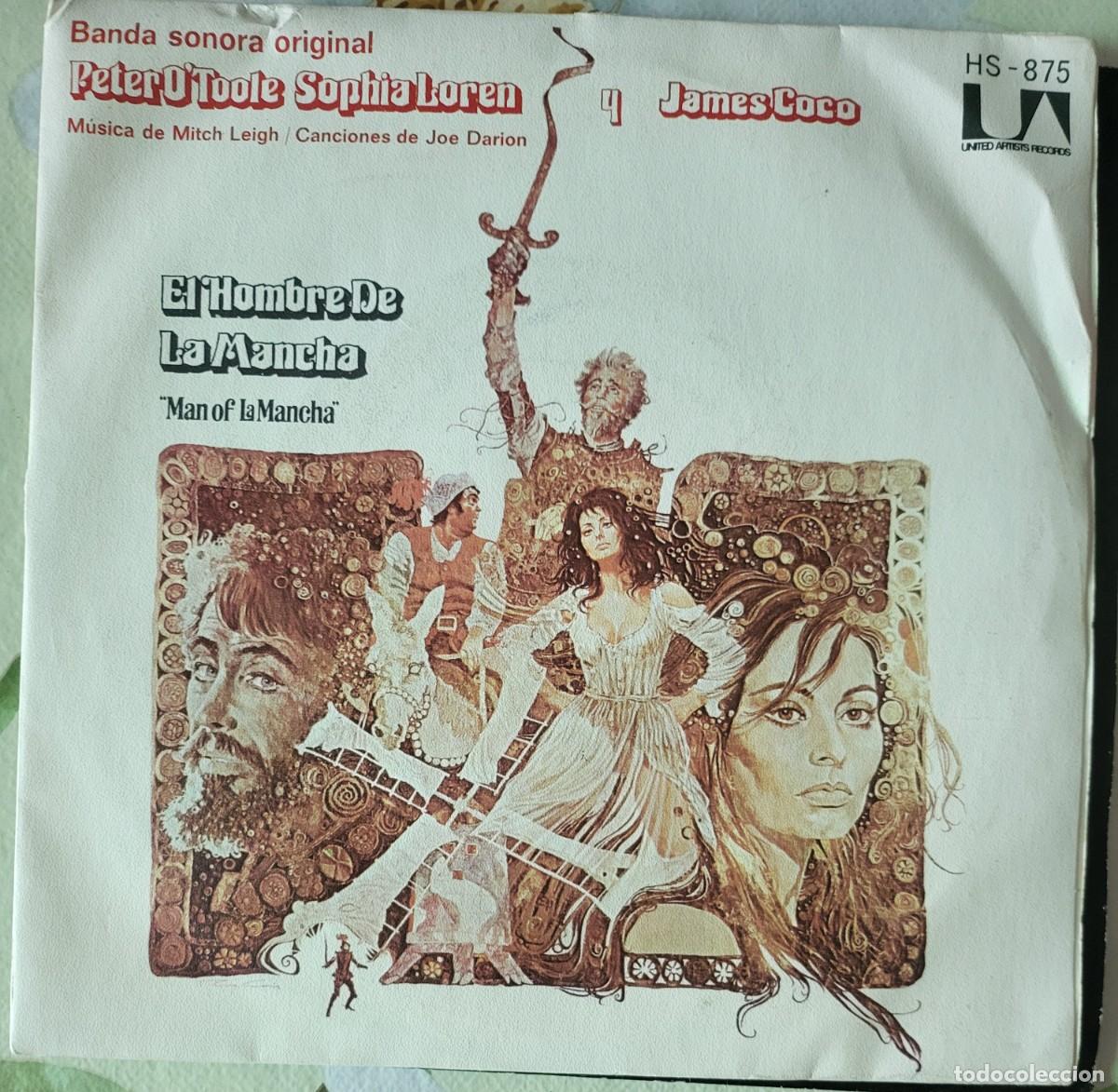Discos de vinilo: Sofia Loren single sello UA editado en Espa&ntilde;a a&ntilde;o 1973 del film El hombre de la Mancha