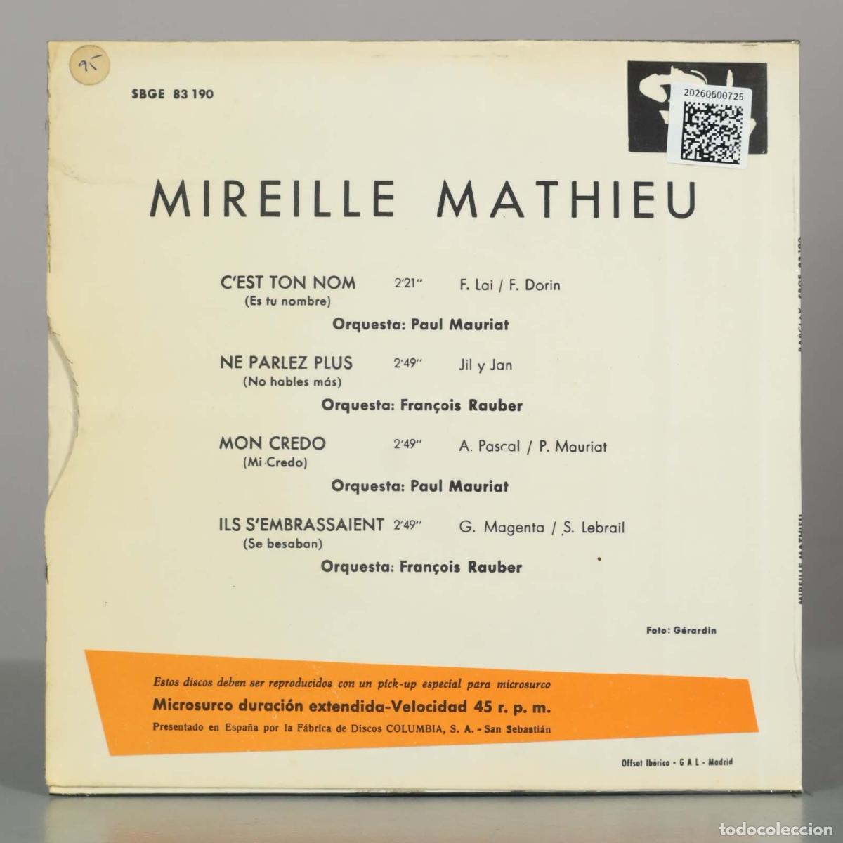 Discos de vinilo: EP. C&acute;est ton nom - Ne parlez plus - Ils s&acute;embrassaient - Mon credo - Mireille Mathieu - Foto 2