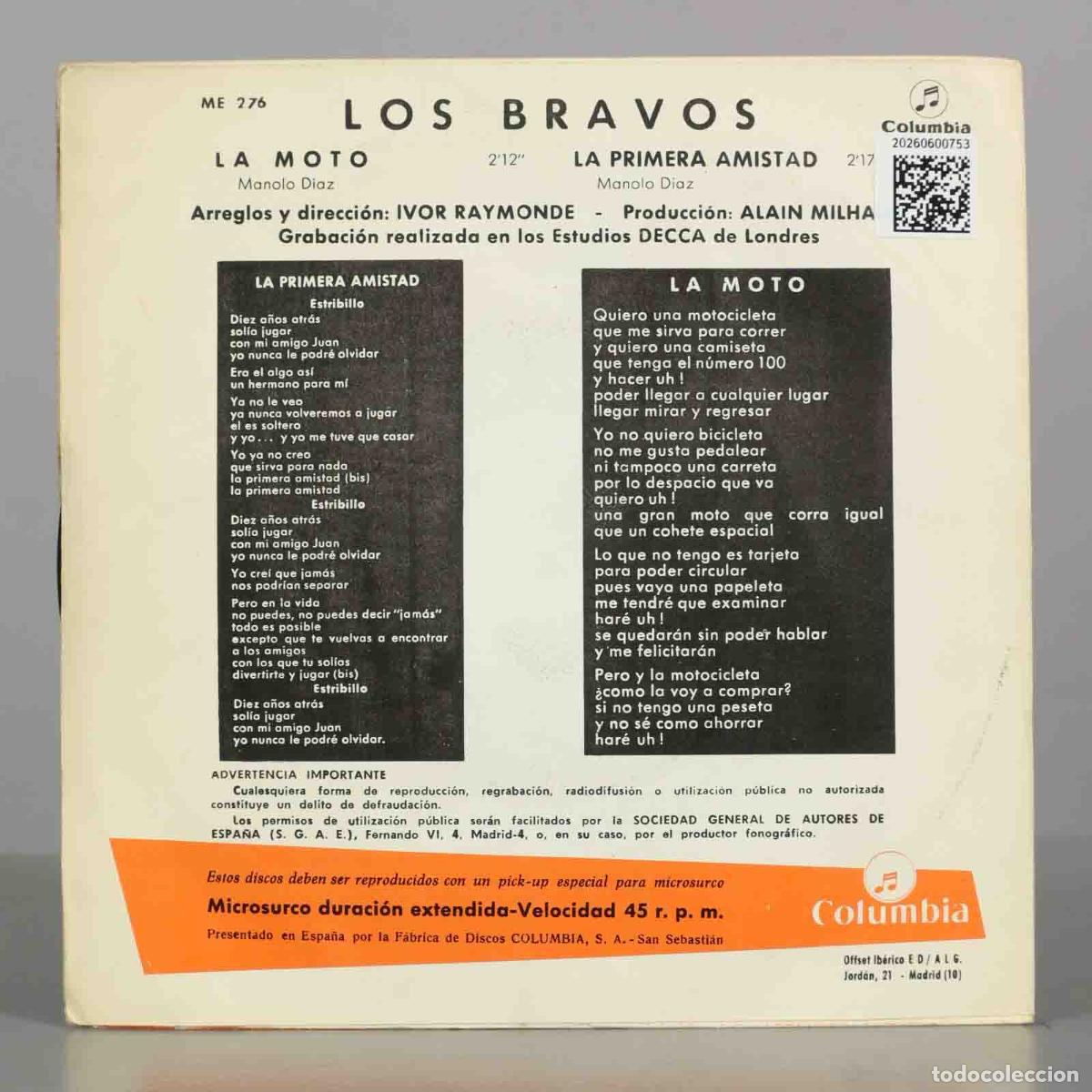 Discos de vinilo: SINGLE. Los Bravos - La Moto / La Primera Amistad - Foto 2