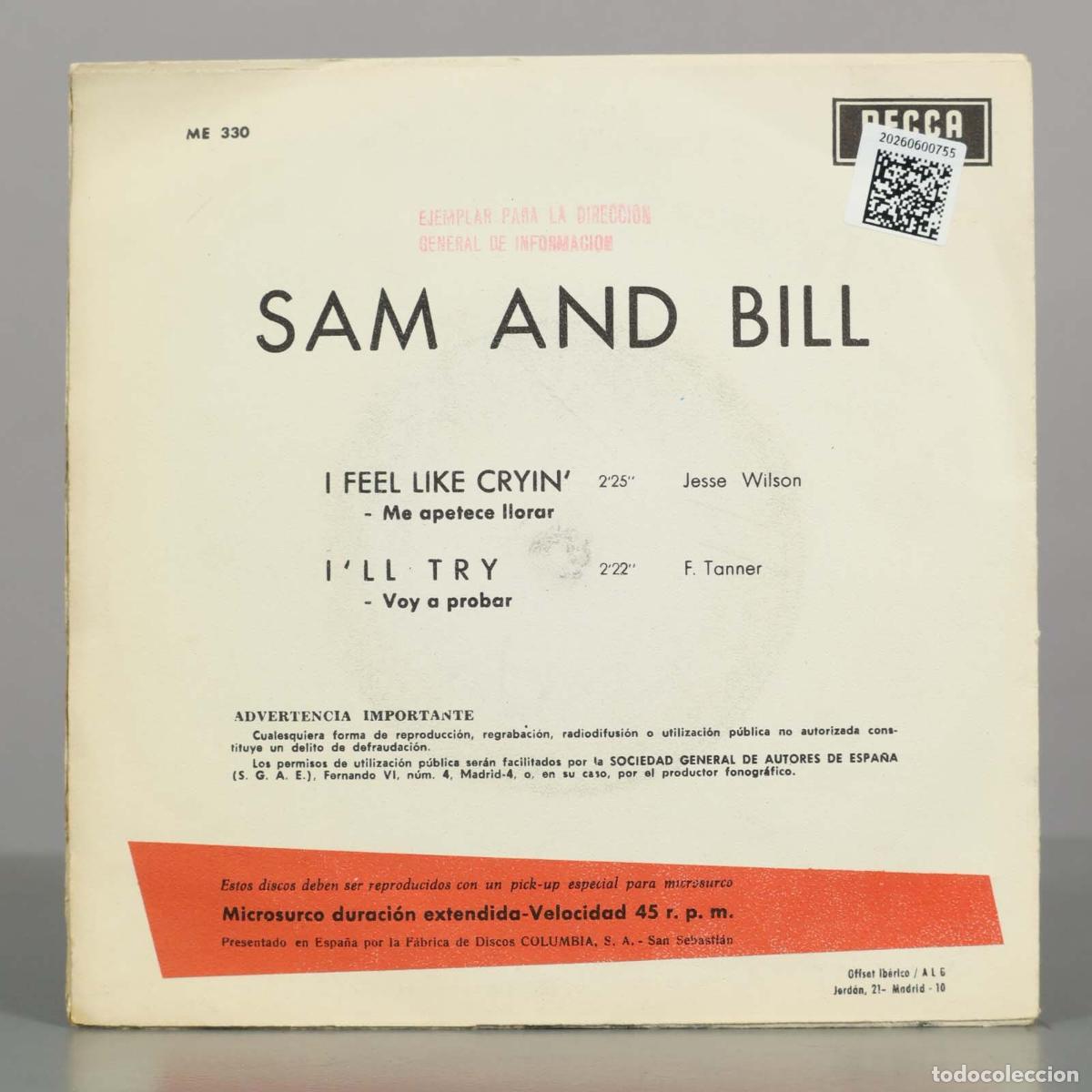 Discos de vinilo: SINGLE. Sam And Bill - I Feel Like Cryin&acute; / I&acute;ll Try - Foto 2