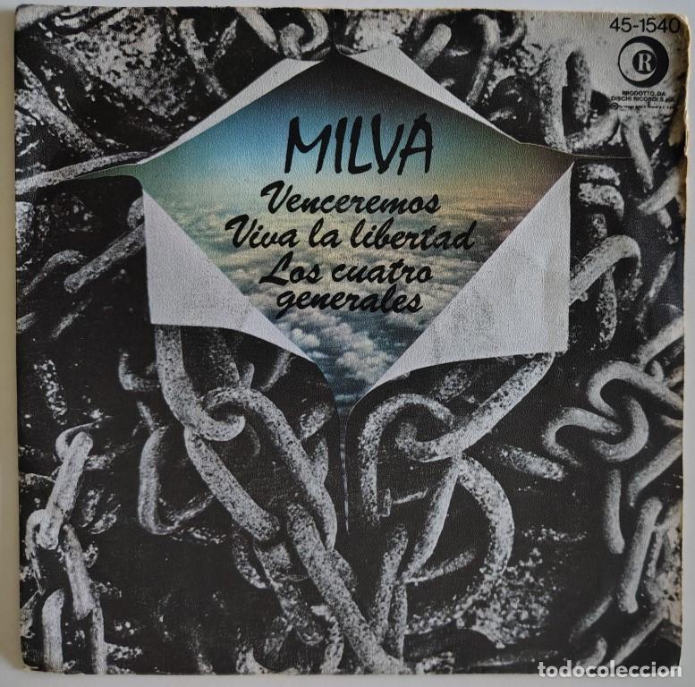 Discos de vinilo: Milva. Venceremos/ Viva la libertad/ Los cuatro generales. Ricordi-Hispavox, Spain 1977 single
