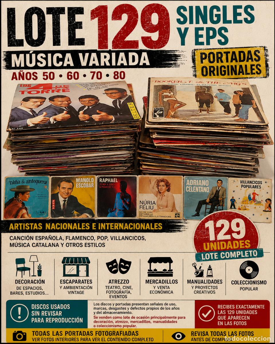 Discos de vinilo: LOTE 129 SINGLES Y EPS | M&Uacute;SICA VARIADA | DECORACI&Oacute;N | MERCADILLOS | A&Ntilde;OS 50-80