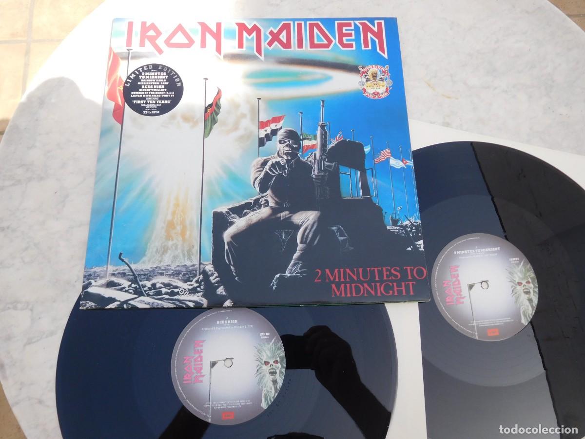 Discos de vinilo: Iron Maiden. First ten years. 2 Maxi Single. 2 Minutes to midnight & Aces High. Edici&oacute;n UK 793 992 1