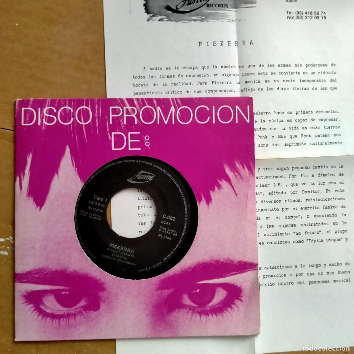 Discos de vinilo: PISKRRA. SINGLE PROMOCIONAL. V CENTENARIO, EL MAS RAPIDO. CON FICHA DE LA CASA DISCOGRAFICA JUSTINE