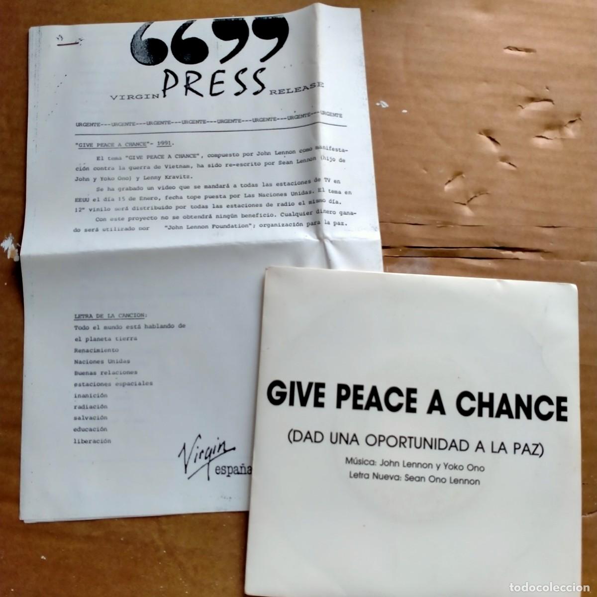Discos de vinil: GIVE PEACE A CHANCE, JOHN LENON Y YOKO ONO. NUEVA LETRA. INCLUYE NOTA PROMOCIONAL DE LA DISCOGRAFICA