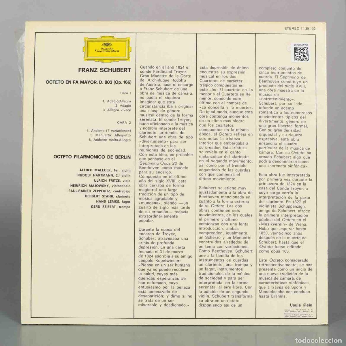 Discos de vinilo: LP. Schubert - Octeto en Fa mayor - Octeto de la Filarm&oacute;nica de Berl&iacute;n - Foto 2