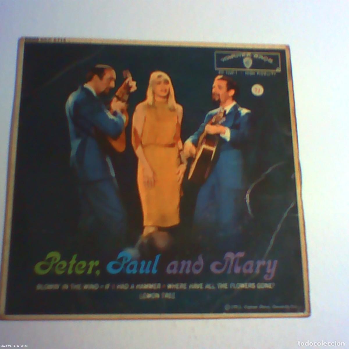 Discos de vinilo: single peter, paul and mary. blowin' in the wind +3 temas. warner 1962 england. nunca tc buen estado
