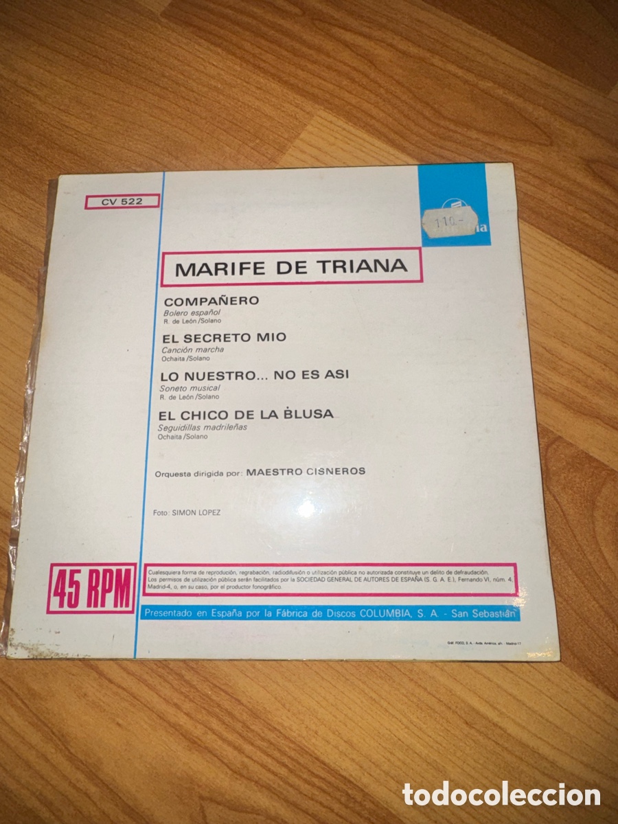Discos de vinilo: Marife de Triana - Compa&ntilde;ero +3 - Foto 2
