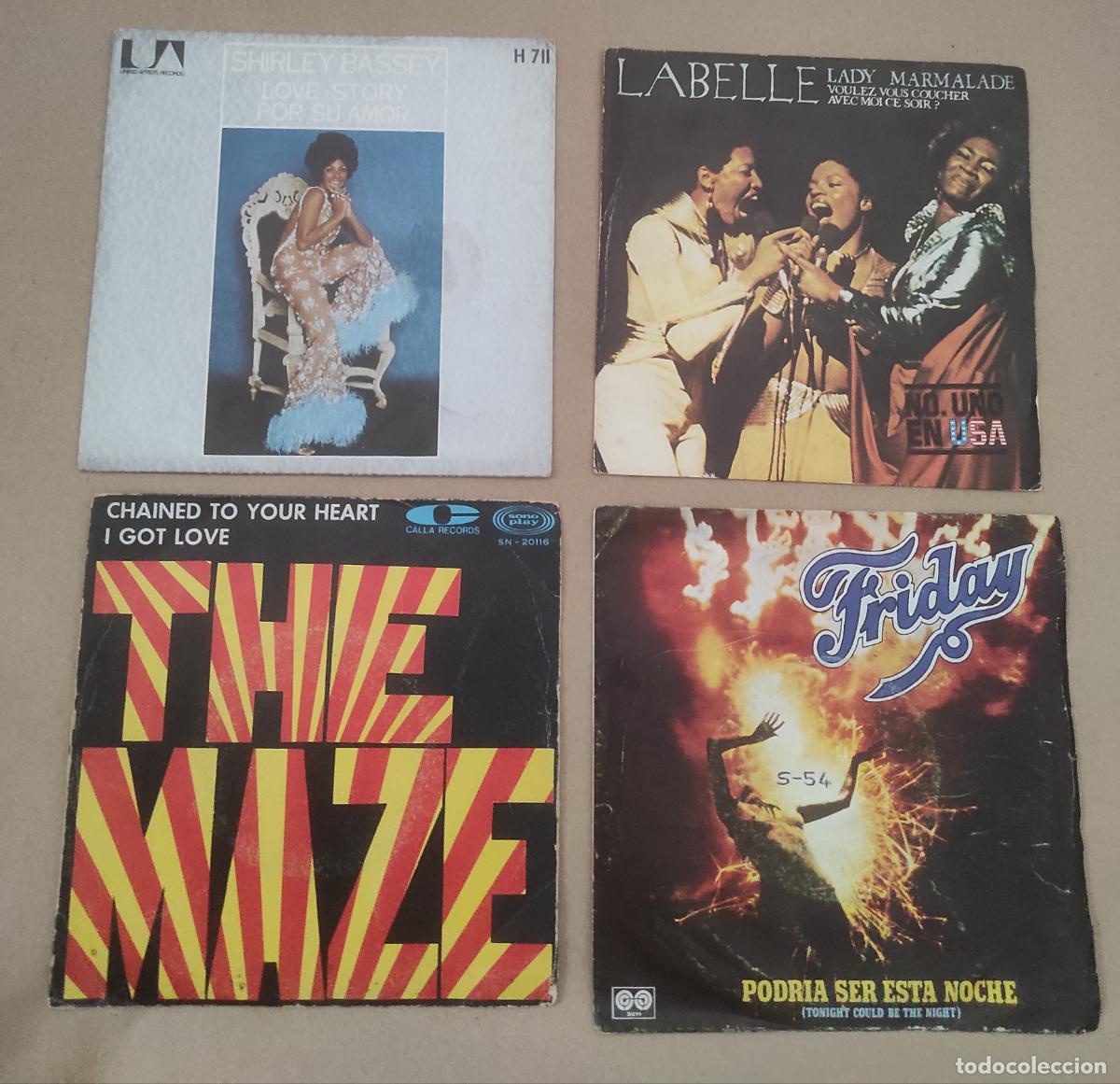 Discos de vinilo: LOTE-CUATRO SINGLES-INTERNACIONALES- FRIDAY,THE MAZE,LABELLE,SHIRLEY BASSEY,