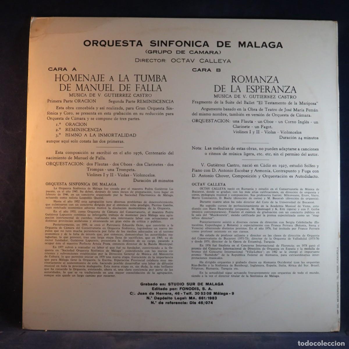 Discos de vinilo: HOMENAJE A LA TUMBA DE MANUEL DE FALLA - ORQUESTA SINF&Oacute;NICA DE M&Aacute;LAGA - LP - Foto 2