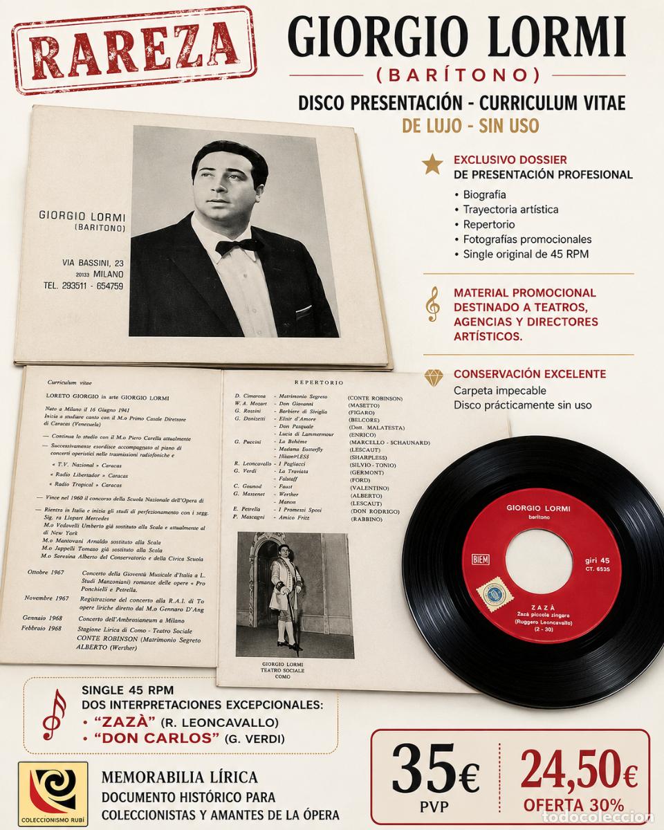 Discos de vinilo: RAREZA | GIORGIO LORMI | DISCO PRESENTACI&Oacute;N Y CURRICULUM VITAE | SINGLE 45 RPM