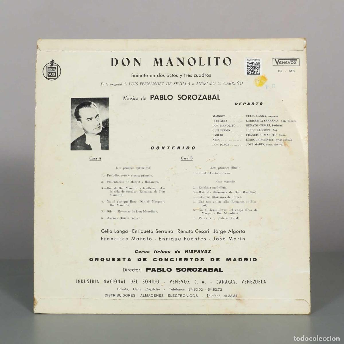 Discos de vinilo: LP. Don Manolito - Pablo Soroz&aacute;bal - Foto 2
